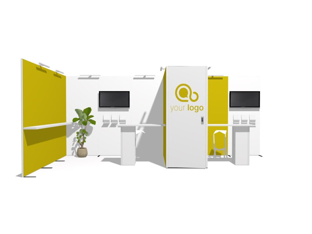 Classic 20x10 corner booth rental with divider wall — EC Exhibits